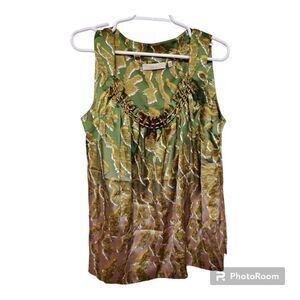 Sejour blouse size 14w gold green retro sleeveless top embellished neck plus siz